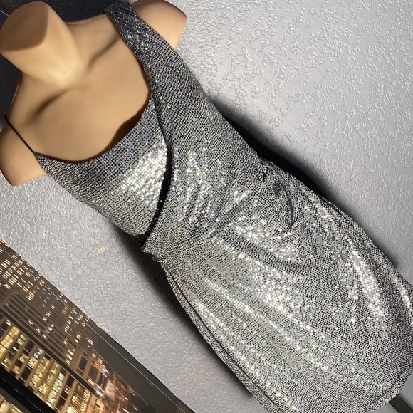 Topshop Dresses & Skirts - TOPSHOP - silver sequin dress w faux wrap, shimmery, lined, zip, diff straps - 6
